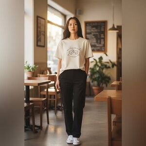 Sugar Flower Cream Graphic T-Shirt with Croissant Design-EUC